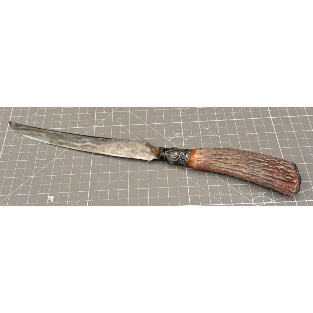 Antique Stag Handle Carving Knife Sterling Silver Ferrule 9½" Blade Deer Antler